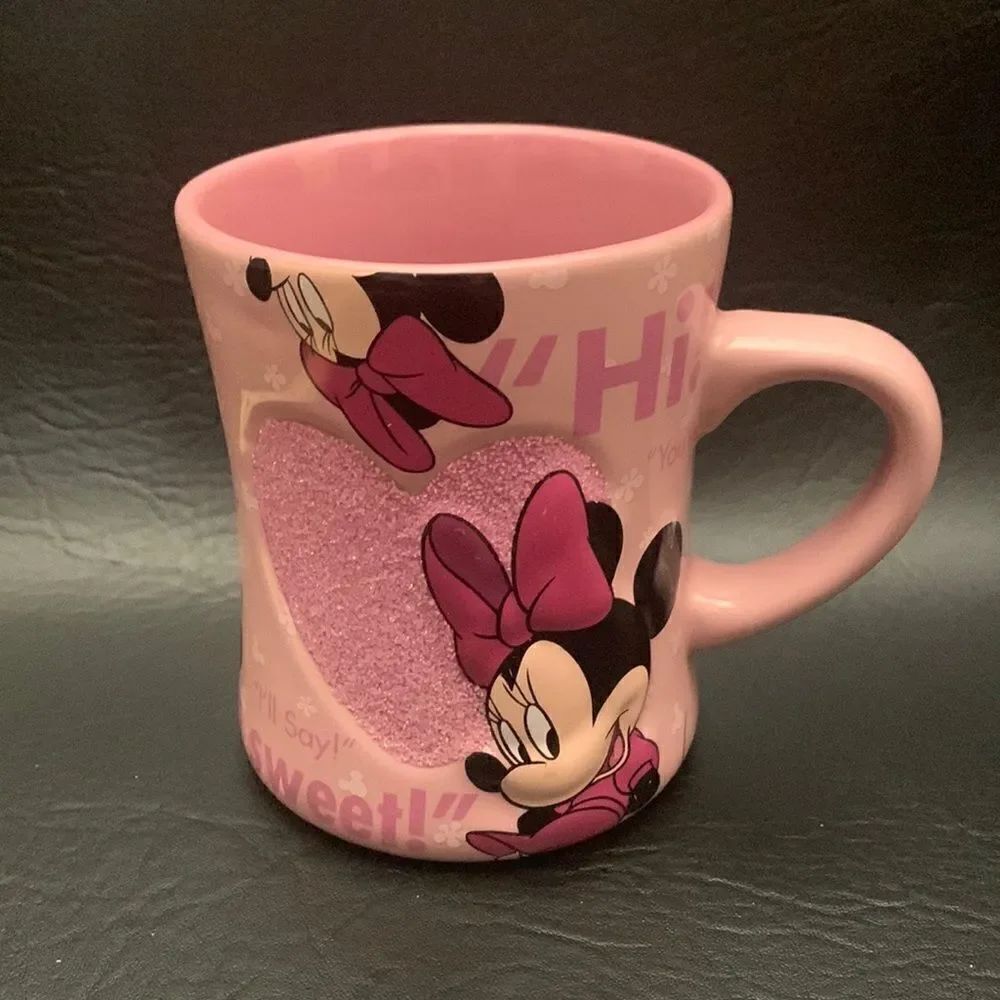 Disney Parks Minnie Mouse Pink Black Textured Heart 18 Ounces Ceramic Coffee Mug